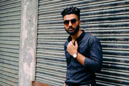 A bearded Indian man with a blue shirt and sunglasses posing on a garage gate backgroundの写真素材