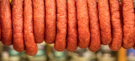 A panoramic shot of hanging sausages in a market