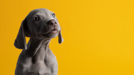 A cute Weimaraner puppy isolated on a yellow backgroundの写真素材