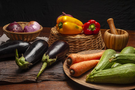 A closeup shot of fresh vegetables on a rustic backgroundの写真素材