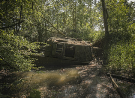 An abandoned tank in a puddle in the forestの写真素材