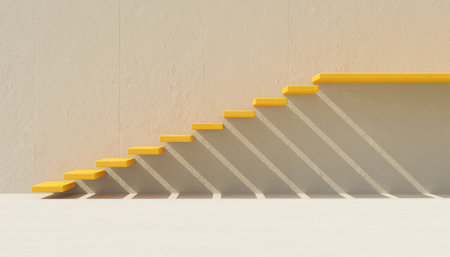yellow minimalist stairs on gray cement wall. 3d renderの写真素材