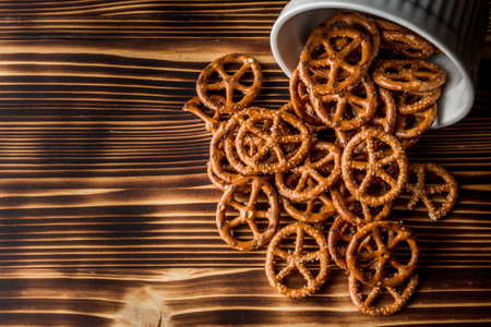 The salty pretzels poured out on the wooden table from the bowlの写真素材