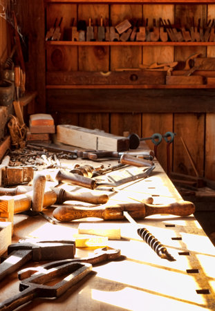 interior of a old time  woodworkers workshopの写真素材