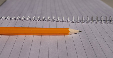 An orange pencil set on an empty open notebook next to the spiral binding