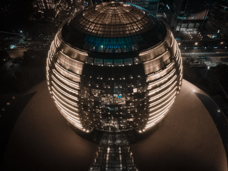 An aerial shot of the InterContinental Hotel in Hangzhou, China at nightのeditorial素材