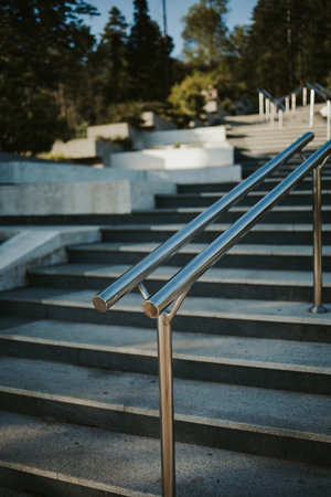A vertical shot of metallic railings near stairs