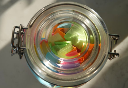 A jar of positivity from above with multi-colored handwritten notes insideの写真素材