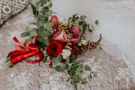The beautiful wedding table decorations with unique floral compositionsの写真素材