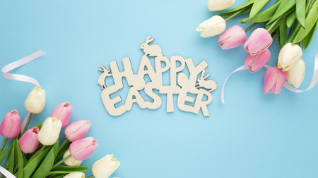 An easter composition made with tulips and a Happy Easter wooden sign on blue background