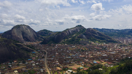An aerial shot of the beautiful Idanre Town in Ondo State captured in Nigeriaの写真素材