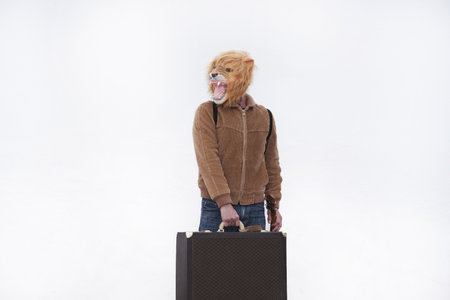 A man with a roaring lion full mask with a brown briefcase isolated on white background