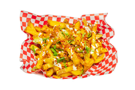French fries with bacon shavings, chives, tartar sauce and mustard toppings isolated on white...