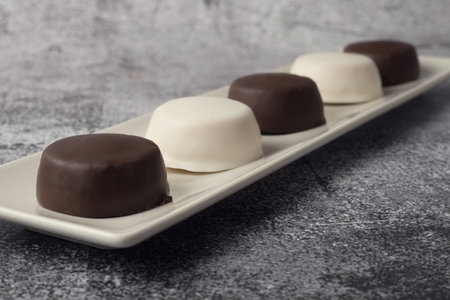 A closeup shot of dark and white chocolate desserts on a plate
