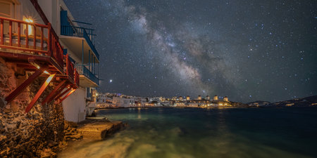 The beautiful Mykonos Island in Greece at a starry night