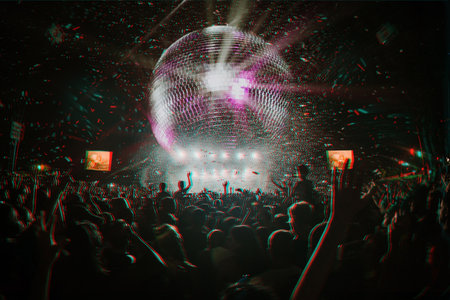 A crowd at a festival dancing with their hands up and a giant disco ball with glitch effect