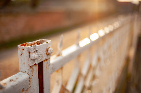 A selective focus of a rustic fence against a blurred backgroundの写真素材
