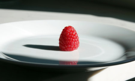 A single raspberry set pointing upright on a ceramic white plate, casting a long shadowの写真素材