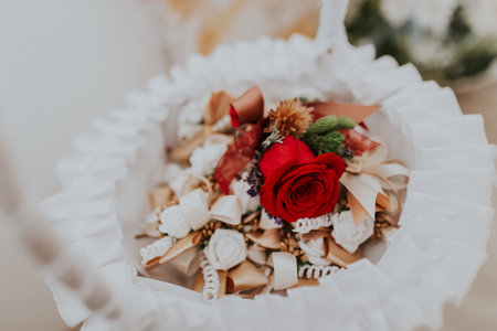 The beautiful wedding table decorations with unique floral compositionsの写真素材