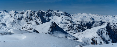 panoramic view from Schneibstein during Kleine Reibn ski tour towards Steinernes Meer in winter,...