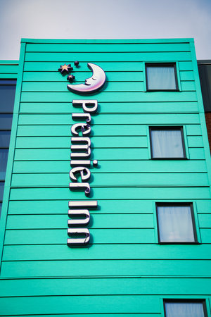 Premier Inn logo outside building in Northampton, UKのeditorial素材