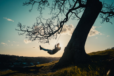 A silhouette of a female enjoying the sunset on a tree swing in a mountainous areaの写真素材