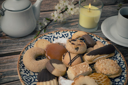 A closeup shot of a coffee table with biscuits on a plate and a cup of coffeeの写真素材