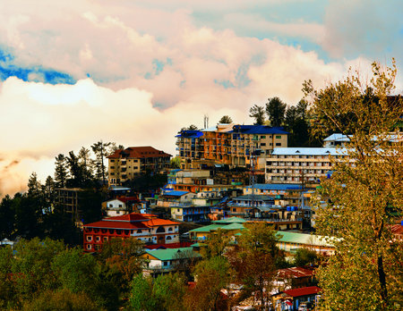 The colorful buildings on the hill at sunsetの写真素材