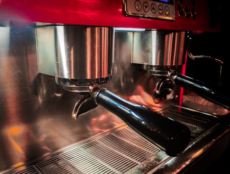 A closeup of an espresso machine in a cafeの写真素材