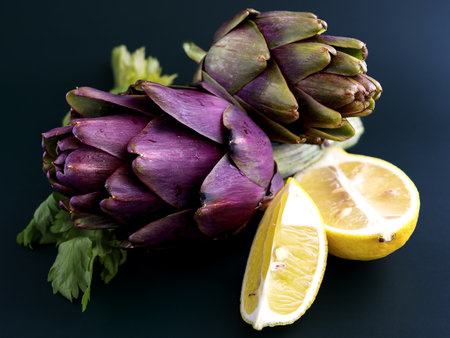 A closeup shot of artichokes on a colour backgroundの写真素材