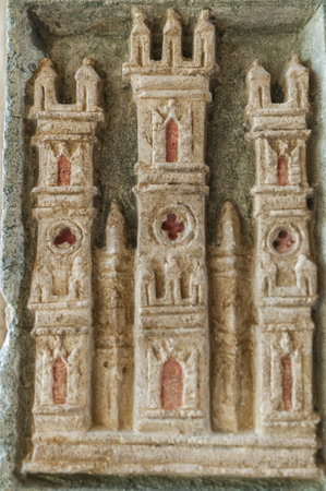 A vertical shot of the architectural details of the cathedral in Burgos Castile and Leon Spainの写真素材