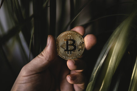 A hand holding a coin with a bitcoin sign
