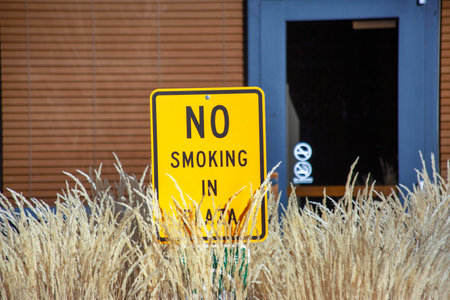 A yellow now smoking sign in front of a building in the grassの写真素材