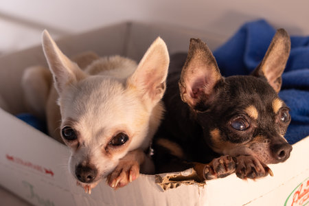 A couple of chihuahua puppies resting in their cardboard boxの写真素材
