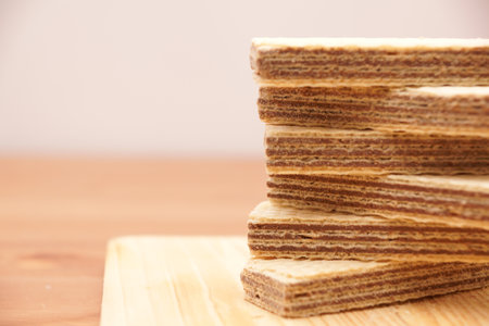 Fresh baked wafers with chocolate layersの写真素材