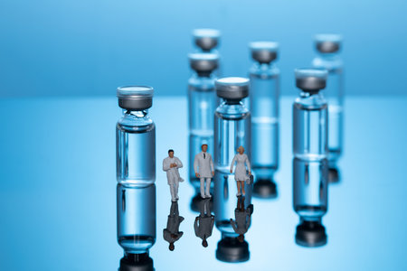 A closeup shot of vaccine bottles with doctor figuresの写真素材