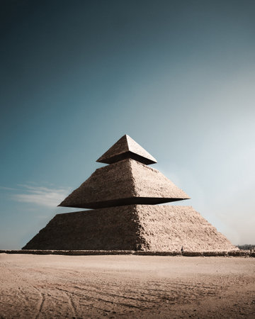An abstract surrealistic image of an old Egyptian pyramid cut into three piecesの写真素材