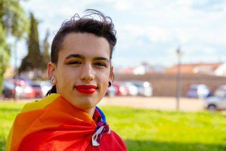 A portrait of a Caucasian transgender girl with the gay flag on her shoulders