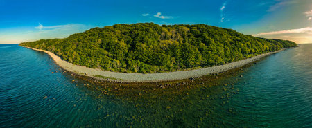 An aerial shot of an island with green forests and a seascape with blue watersの写真素材