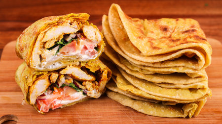 A closeup of delicious soft tortillas with meat and vegetables on a wooden board at a restaurant