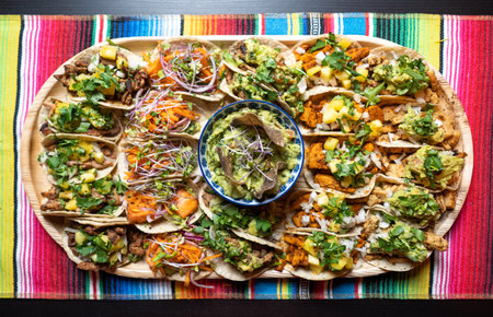 A top view of delicious fresh tacos with a sauceの写真素材