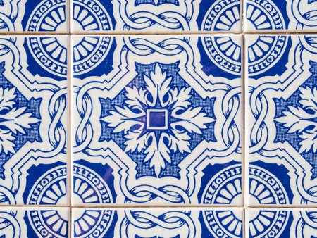 A closeup of blue, vintage Portuguese tiles in Porto, Portugal