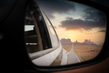 View on Monument Valley, Utah, from car mirror at Forrest Gump point. Travel and tourism in the United States.の写真素材