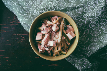 A top view of a salad with mushrooms and chickenの写真素材