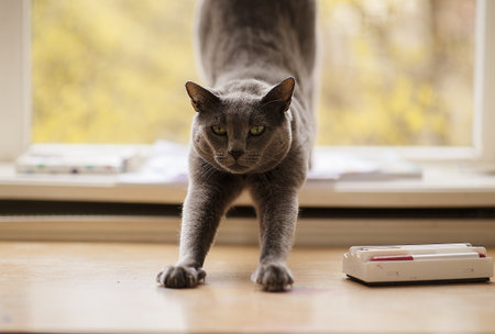 A British shorthair cat stretching on a windowsillの写真素材
