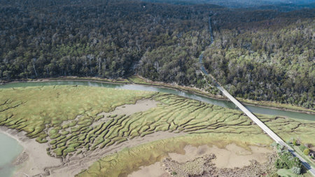 An aerial shot of Tasmanian Landscape, Australiaの写真素材