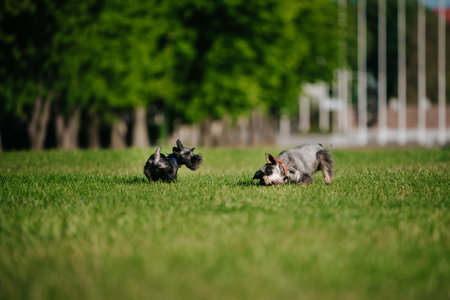 Two miniature schnauzers running and playing in a park on a sunny dayの写真素材