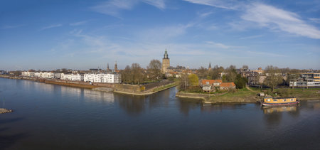 Aerial view of medieval Hanseatic city Zutphen, The Netherlands, with entrance to small Vispoorthaven or Gelre port connected to the river IJsselの写真素材