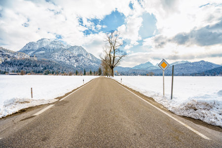 A beautiful winter scene with a country road in Fussen, Bavaria, Germanyの写真素材