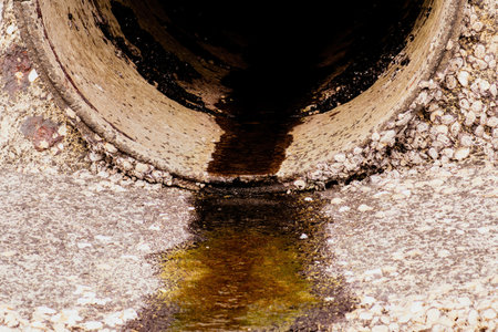 View of concrete pipe discharging oily waste water
